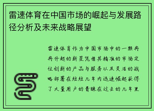 雷速体育在中国市场的崛起与发展路径分析及未来战略展望